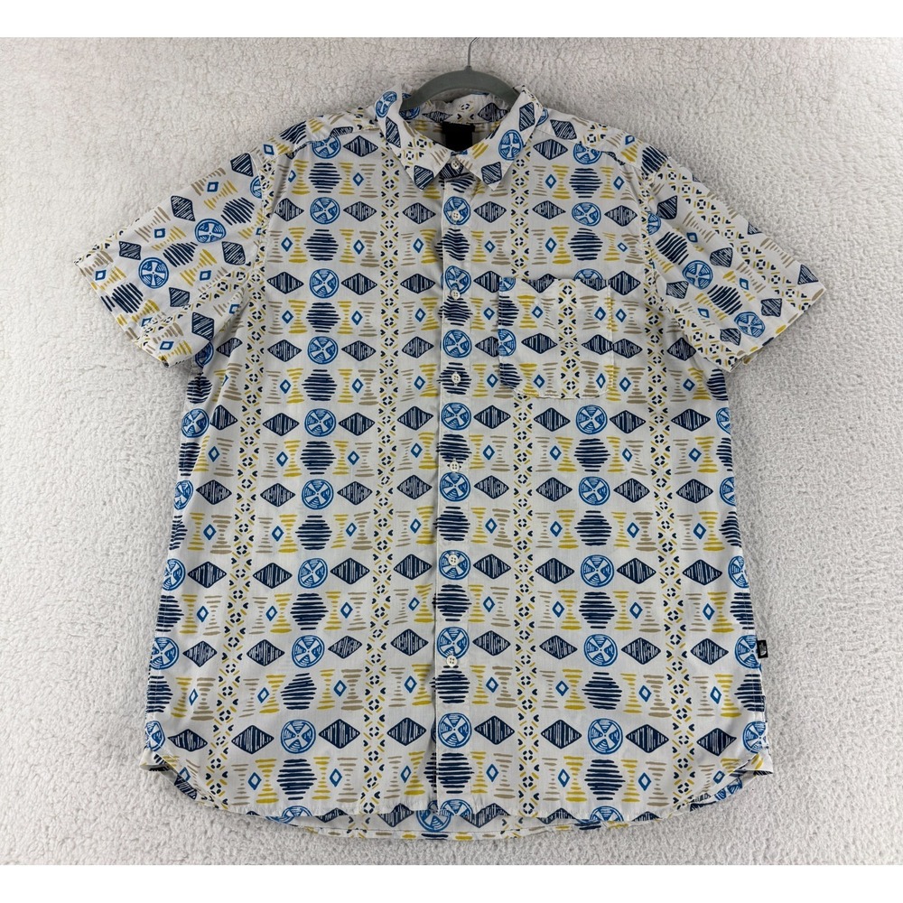 The North Face Baytrail Button-Up Shirt Men Size XL Blue Yellow Geo Short Sleeve